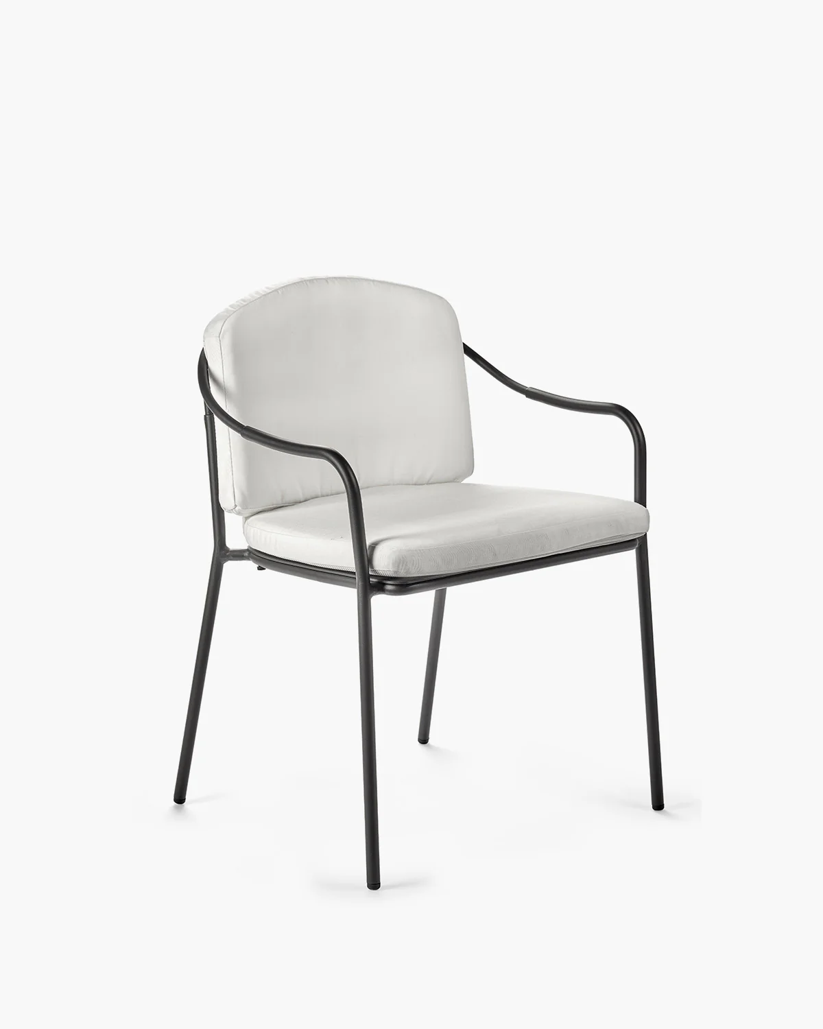 Black chair with armrests and white cushion included Patio